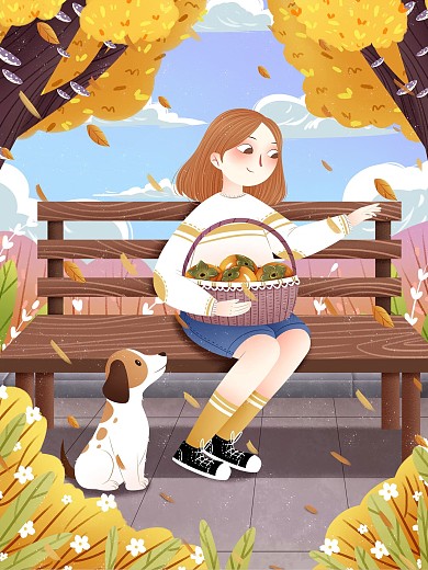 二十四节气立秋树下女孩插画