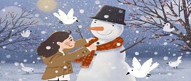 冬天你好给雪人戴围巾的小姑娘原创手绘插画