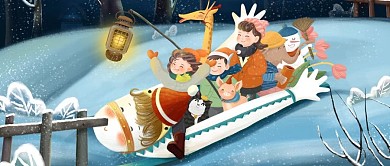 原创手绘插画冬天你好儿童玩雪橇