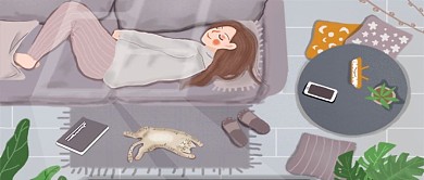 原创早安你好清晨沙发睡觉女孩插画