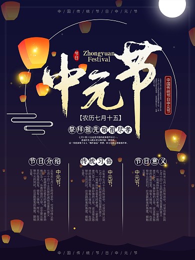 深蓝简约大气祭祖七月七传统节日中元节海报