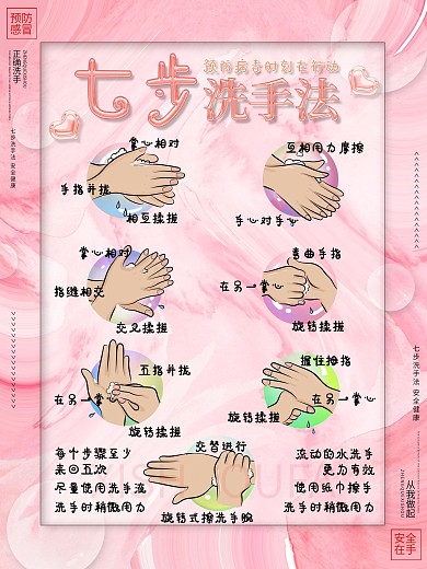 粉色七步洗手法健康常识海报