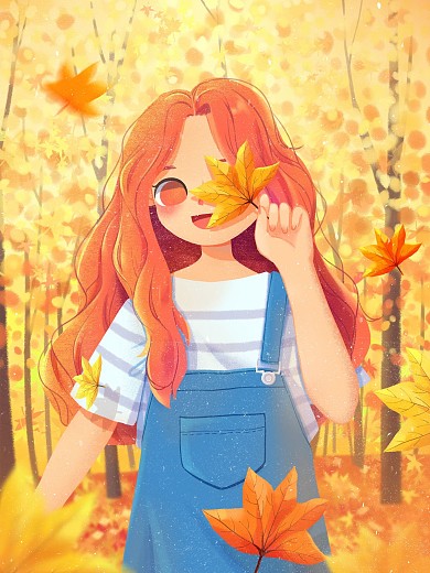 节气立秋秋分秋天枫树林金黄色手绘插画