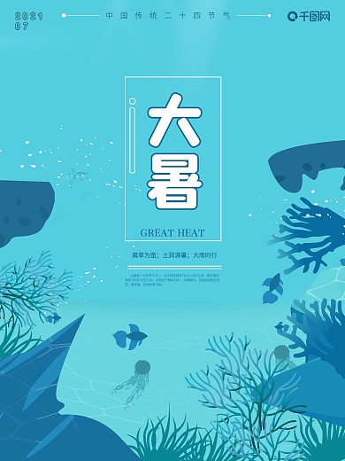 海底世界清新蓝色大暑节气海报