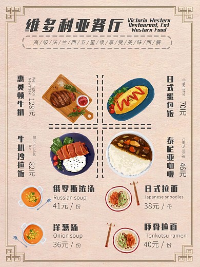 原创简约创意高端美味西餐菜单DM单页复古
