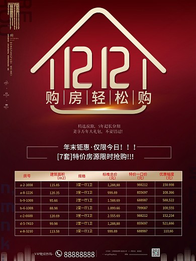 原创红色商务年终双12房产促销信息表海报