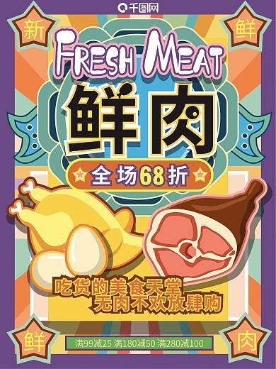 原创手绘复古超市鲜肉促销海报宣传单