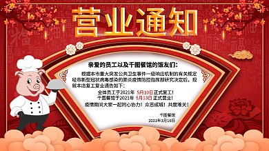 2020疫情之后餐馆饭店营业复工通知展板
