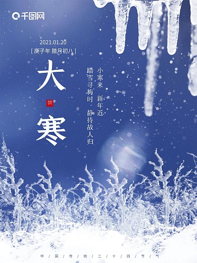 蓝色大寒大雪小寒冰晶雪花节气海报