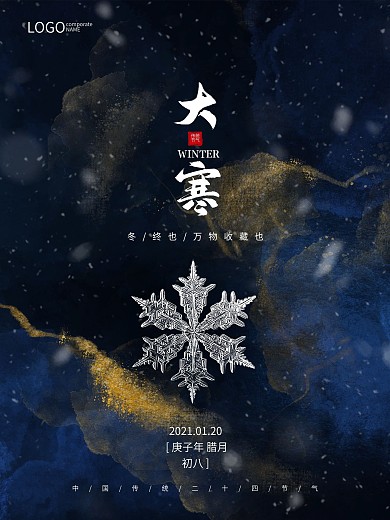大寒小寒蓝金鎏金雪花二十四节气海报