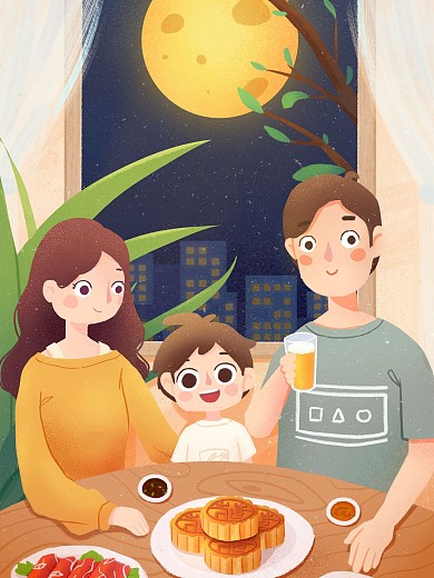 卡通可爱中秋节日家人聚餐聚会手绘插画