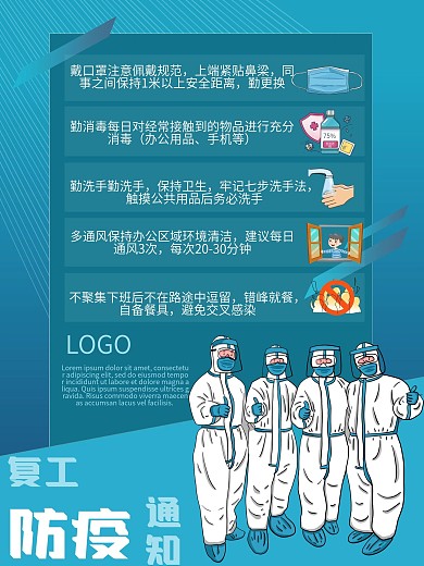公司企业单位复工防疫操作规定蓝色海报