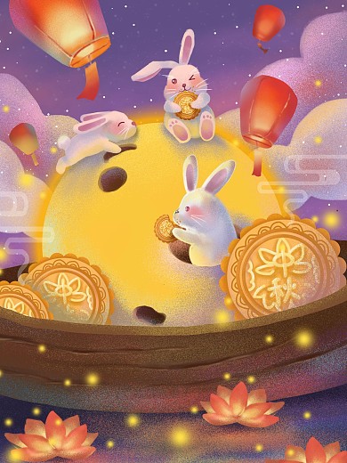 中秋节日海报手绘玉兔吃月饼放花灯月亮插画