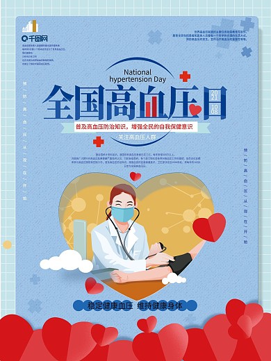 手绘蓝色全国高血压日海报