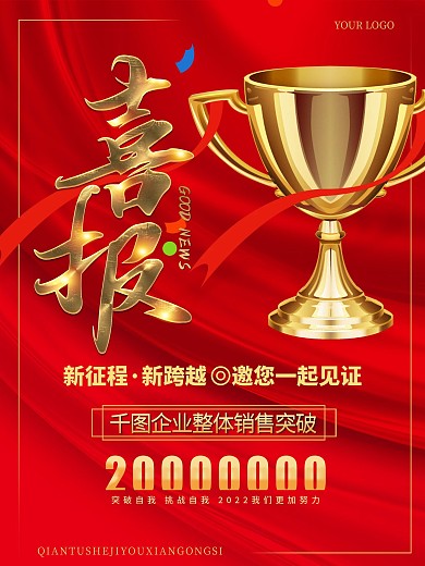 红金喜庆业绩喜报战报宣传海报