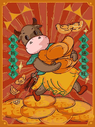 原创牛年手绘创意简洁大气海报