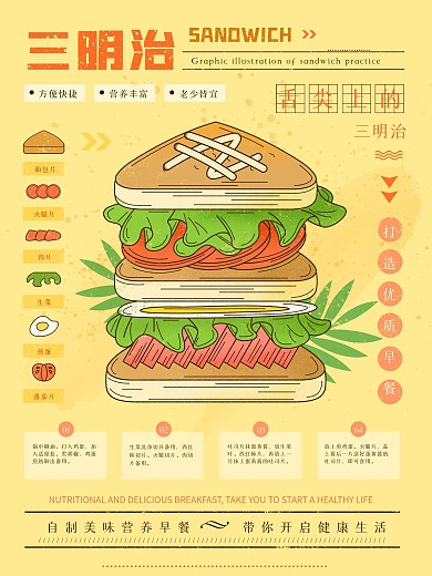 三明治营养早看健康美味手绘插画海报