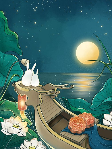中秋唯美月亮荷花船团圆兔子中国风插画