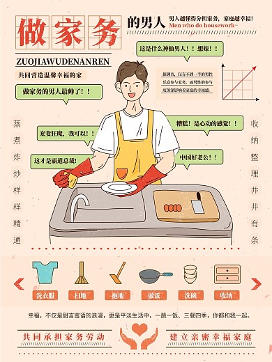 做家务的男人共同营造幸福家庭手绘插画海报
