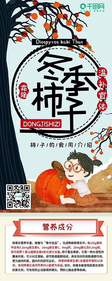卡通可爱冬季柿子功效干货科普信息长图