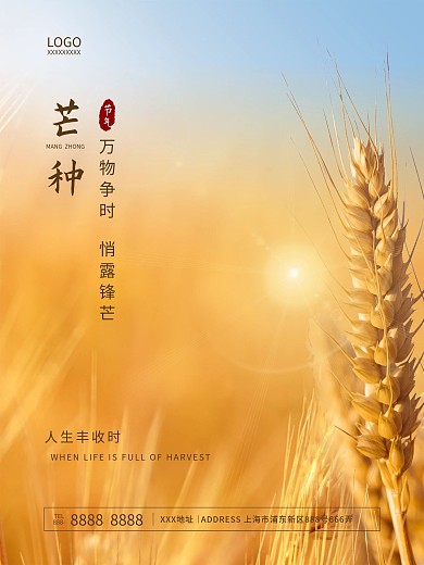 芒种小满节气金黄麦子秋季粮食丰收海报