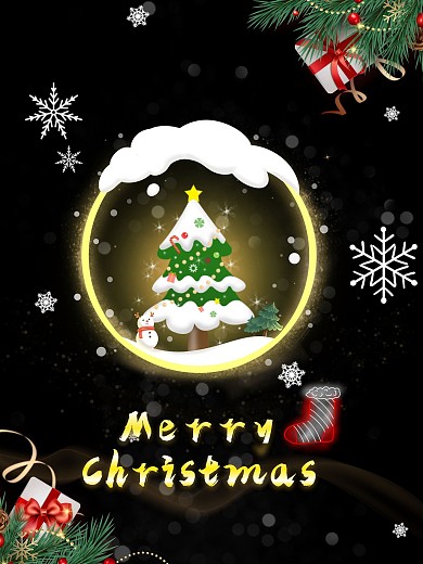 黑色发光手绘圣诞树礼物梦幻炫金圣诞海报