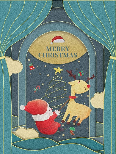 蓝色圣诞节平安夜剪纸插画海报