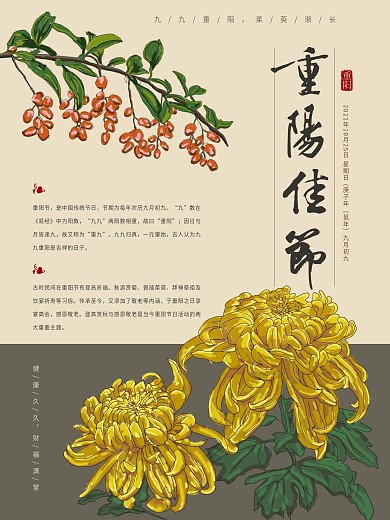 原创手绘菊花茱萸重阳佳节海报