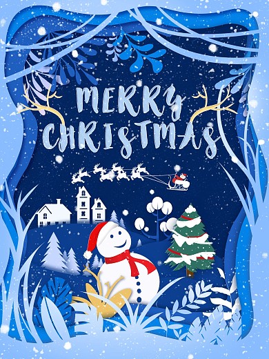 原创手绘蓝色剪纸剪纸叠加圣诞节宣传海报