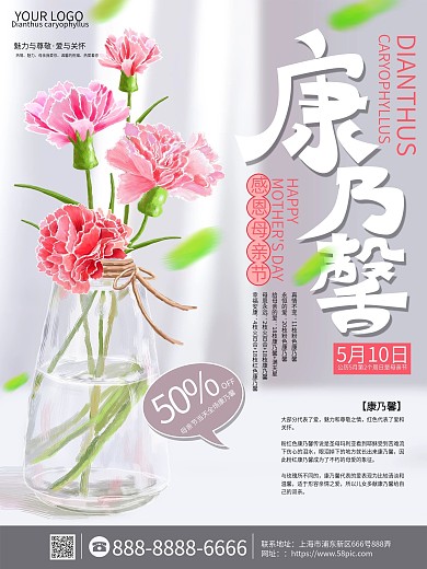 原创手绘康乃馨花海报