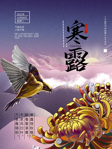 原创手绘寒露菊花飞鸟海报
