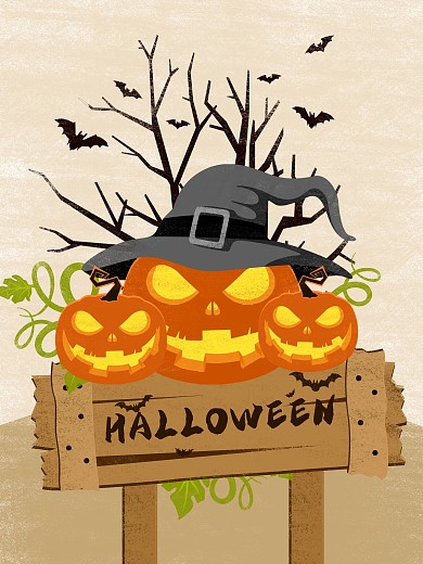 原创万圣节指示牌手绘海报