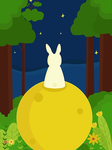 原创树林里坐在月亮上的小兔子