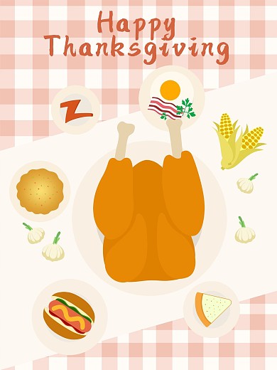 感恩节餐桌上美食原创手绘海报