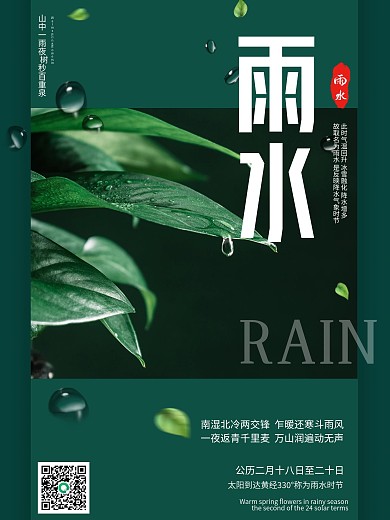 雨水24节气海报绿色简约立春绿叶水珠春分