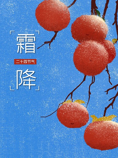 节气霜降节日插画广告柿子树蓝色简约海报