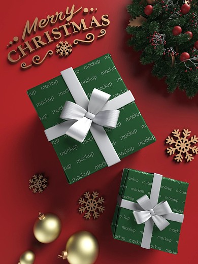 原创3D模型圣诞礼物包装场景样机