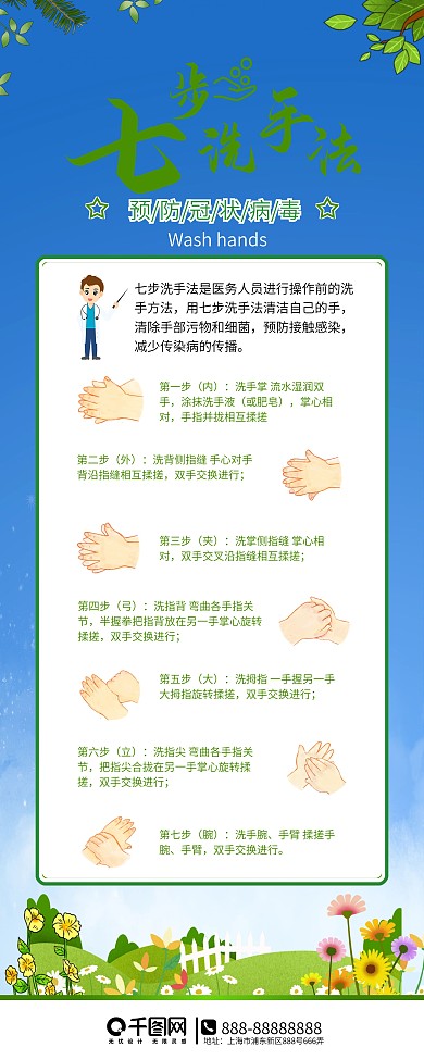 七步洗手法预防冠状病毒易拉宝展架