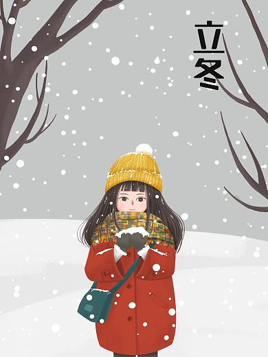 雪地灰色清新立冬节气原创插画海报