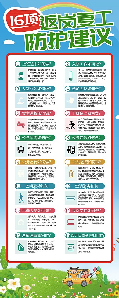 原创图标16条复工防护建议内容型展架