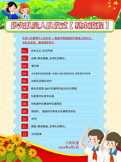 手绘少先队员入队仪式基本流程宣传海报展板