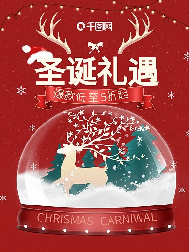圣诞节红色大气简约水晶球双旦礼遇折扣海报