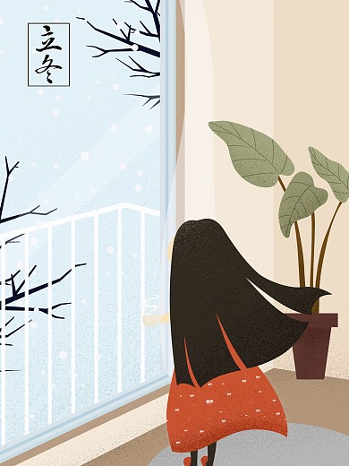 温暖观雪喝茶女孩原创插画海报