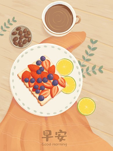 早安清新黄色蓝莓草莓土司咖啡美味早餐海报
