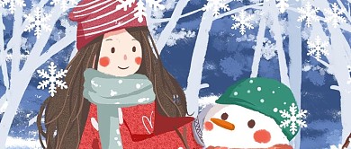 冬天你好少女堆雪人蓝色温暖卡通插画