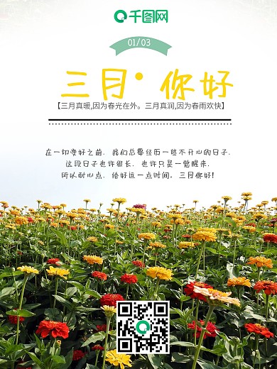 三月你好早春春天花朵百花齐放早安日签海报