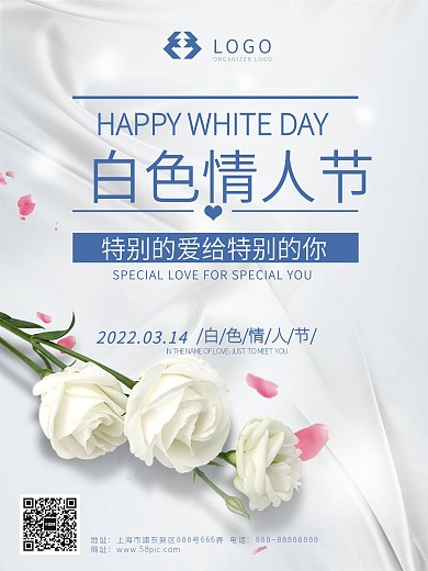 唯美浪漫白色情人节爱心心形海报314