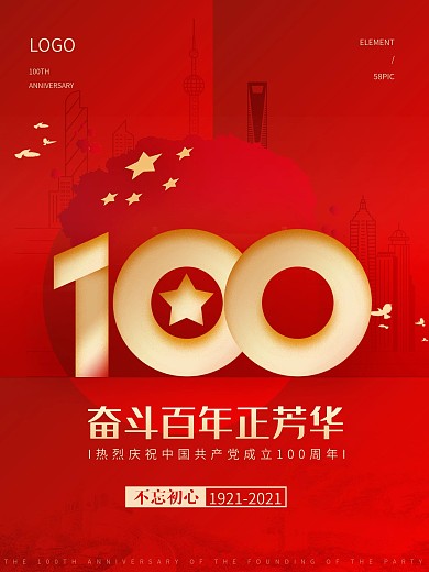建党100周年红金喜庆百年党史展党建海报