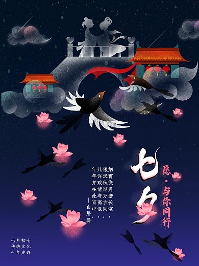 七夕情人节海报手绘