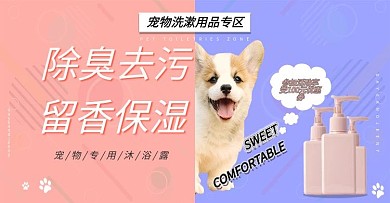 天猫淘宝简约拼色宠物洗护banner海报